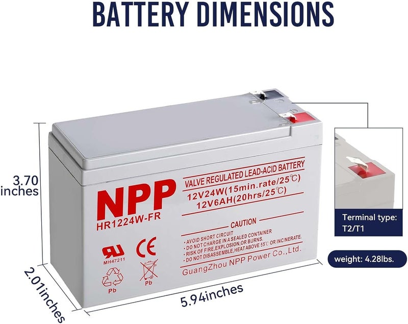 NPP HR1224WF2 12V 6Ah Rechargeable Battery – 12 Volt 144Watts 24Watt / Cell High Rate AGM UPS Batteries Replacement for NS1250, Alarm System Emergency Light, Flame Retardant (F2 2Pcs) - Image 2